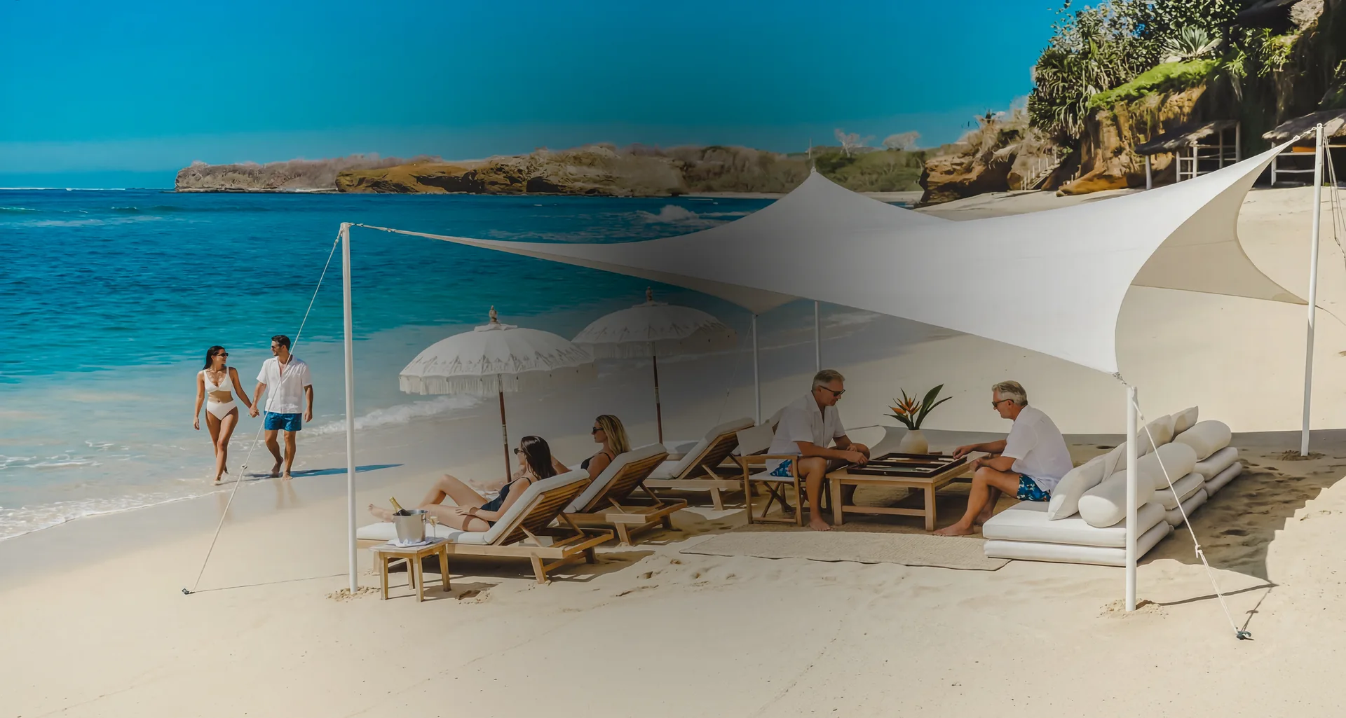 Beachfront daybeds and shaded lounges beside the Pacific at Punta de Mita