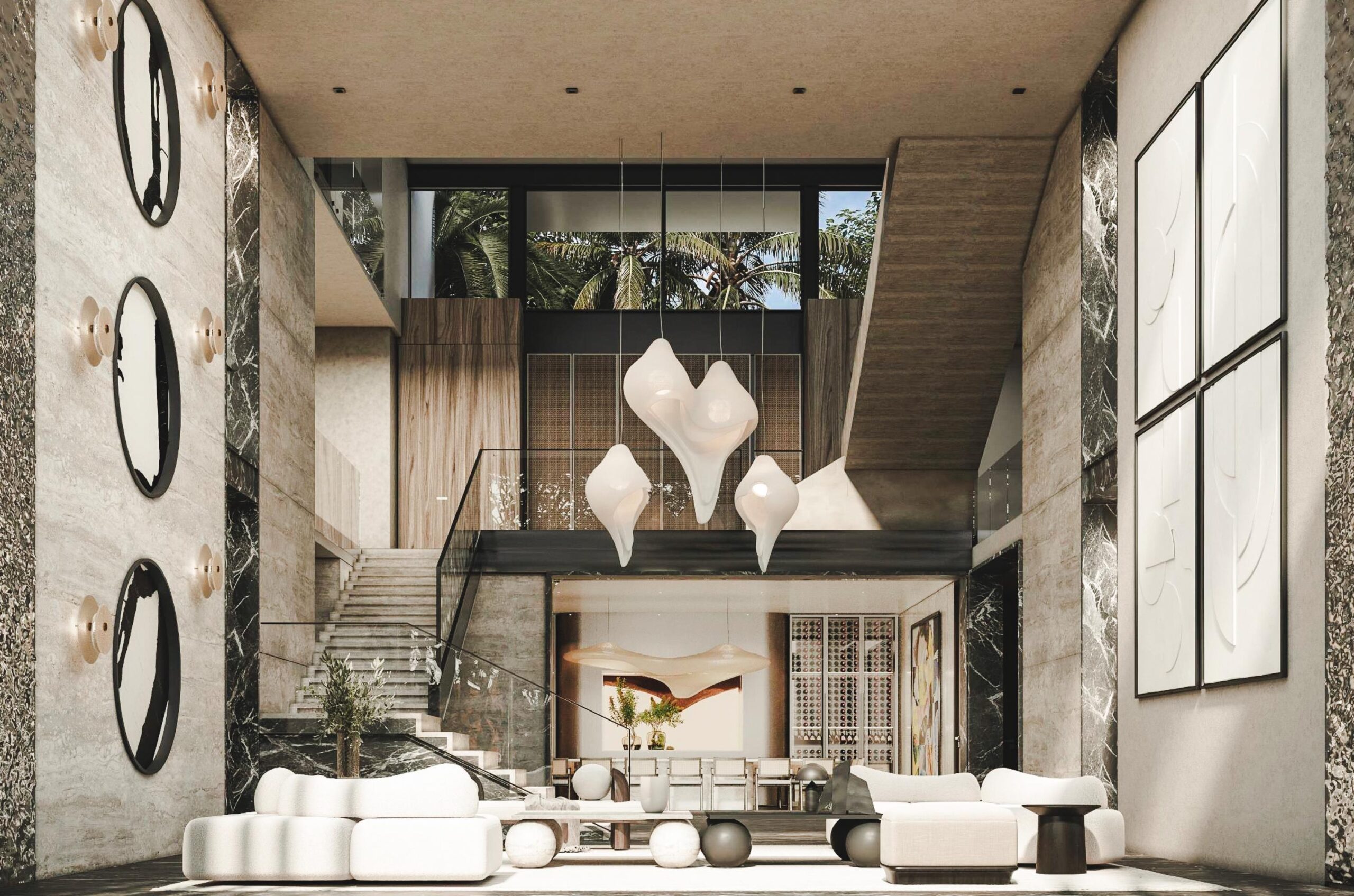 Living room area of beautiful house and stairs does on upper floor
