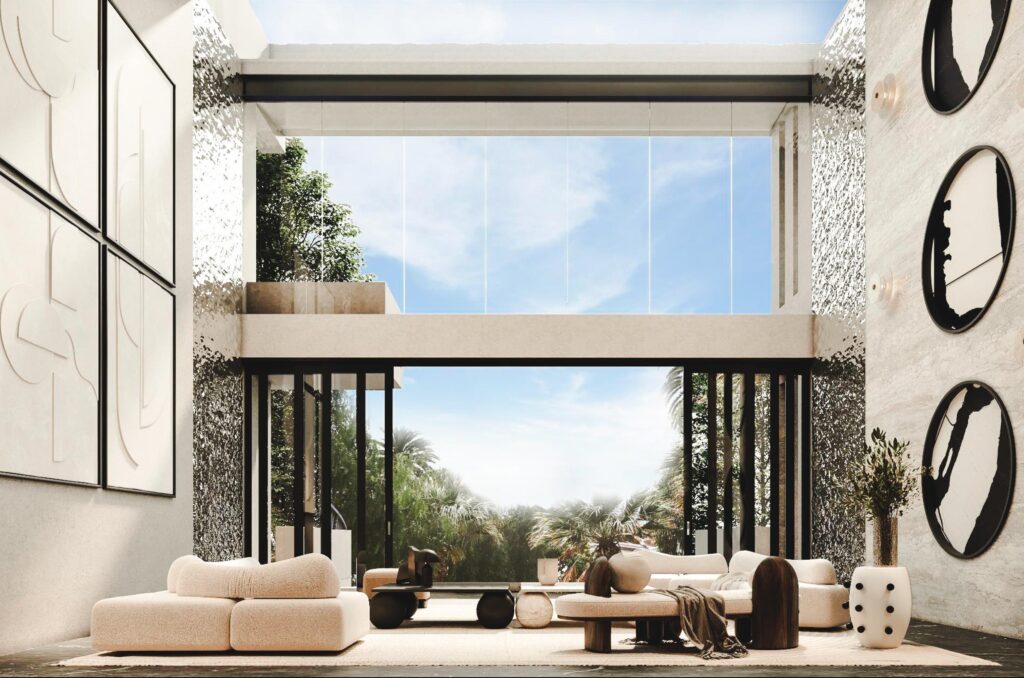 Living area of luxury house/villa with a beautiful view outside