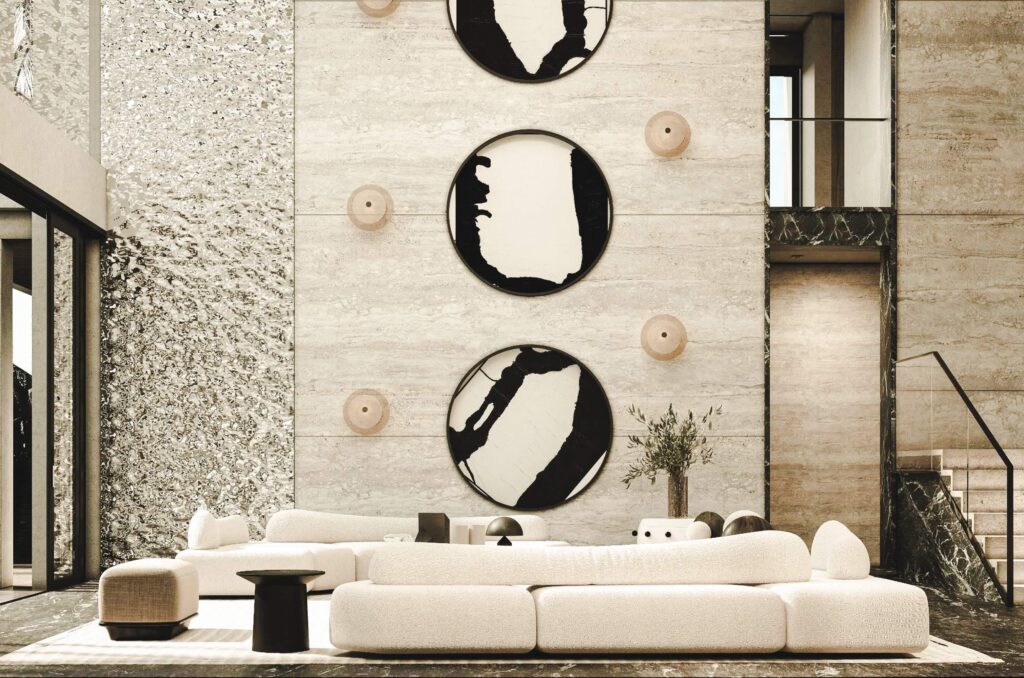 Sitting area in living room with beautiful wall in front of it