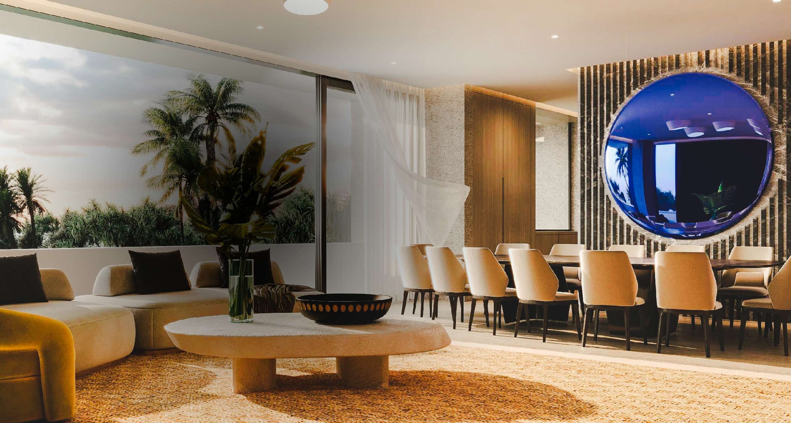 Living room area with blue mirror and beautiful outside view