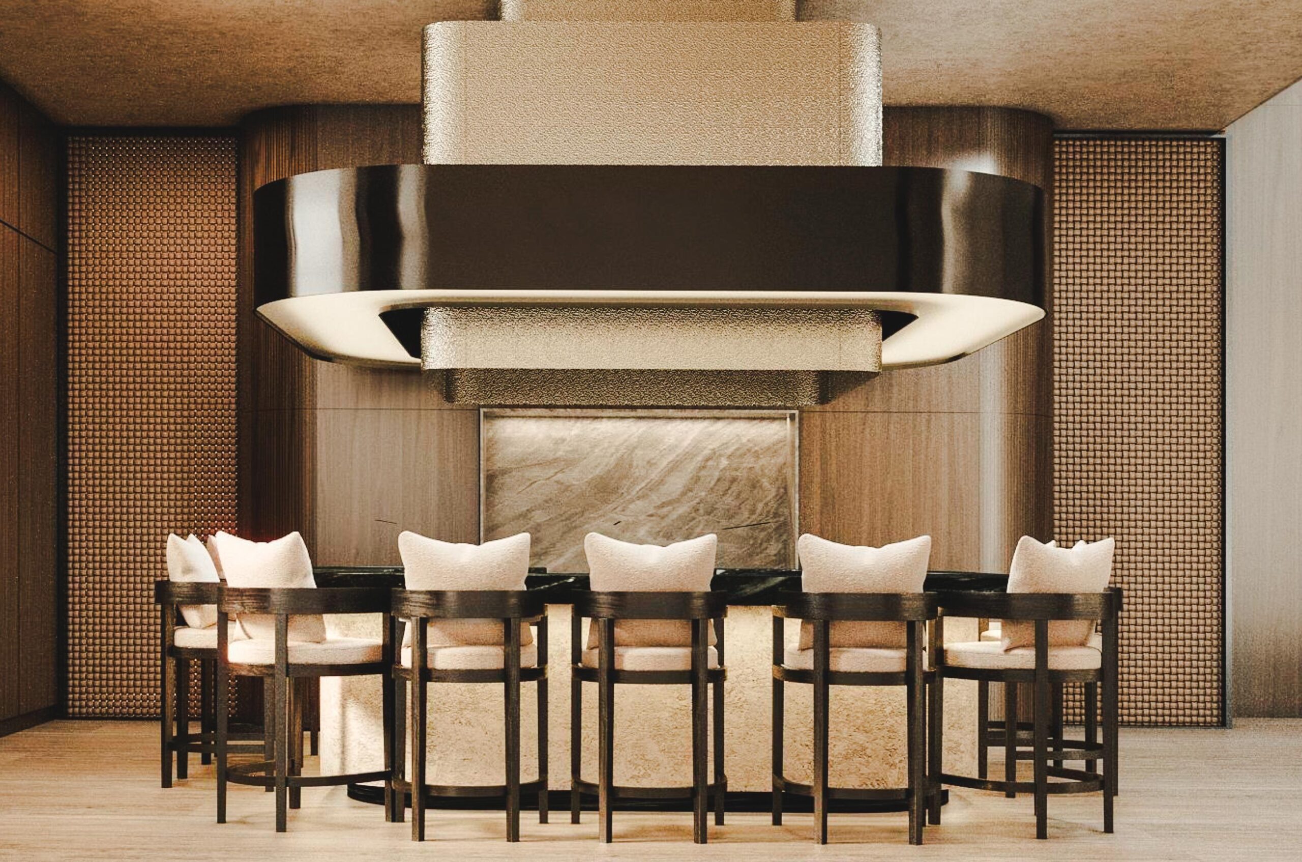 Dining Table area in a room with a beautiful wall behind it