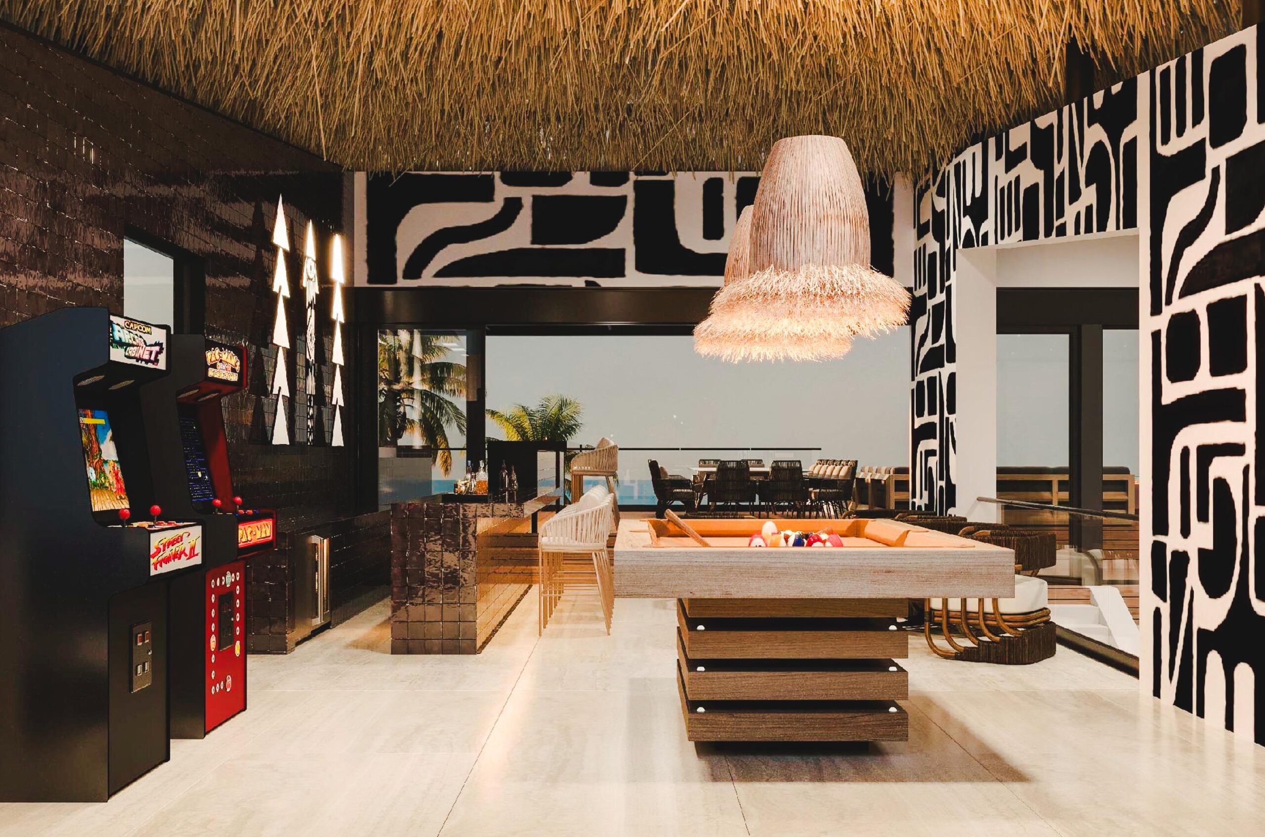 Luxury gaming area with snooker table and gaming machines in it