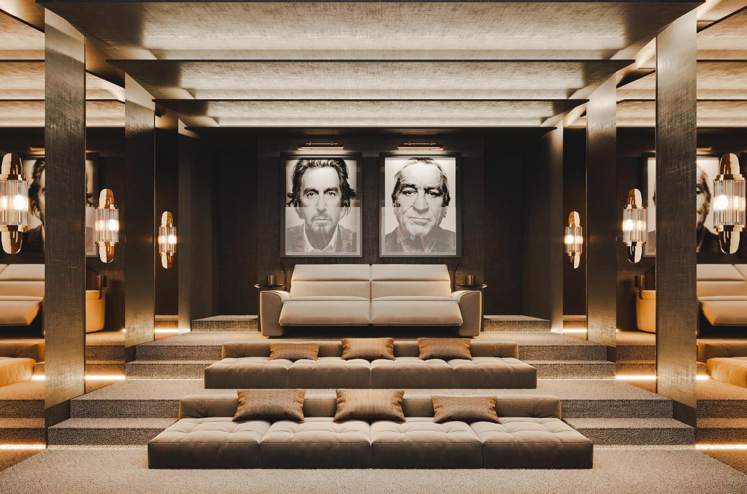some sofas in a hall and behind sofas two pictures on the wall