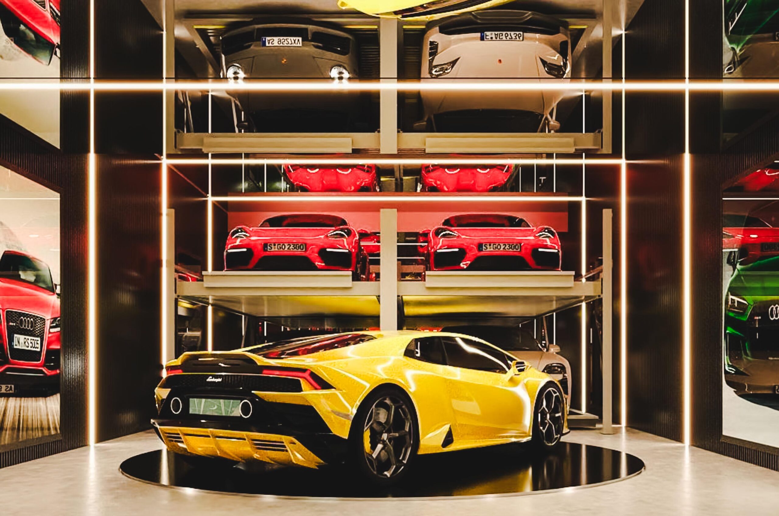 luxury cars in a room with mirrors