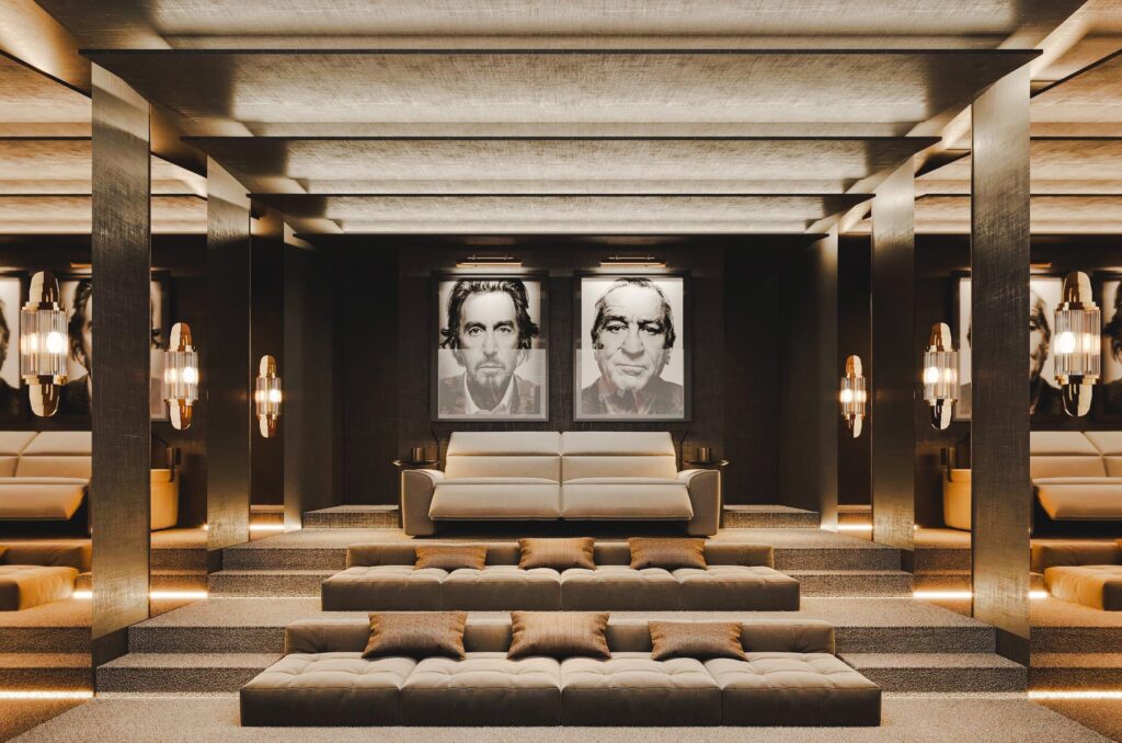 movie watching area with two painting behind it