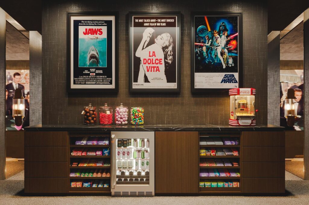 A candy bar with few images on the wall
