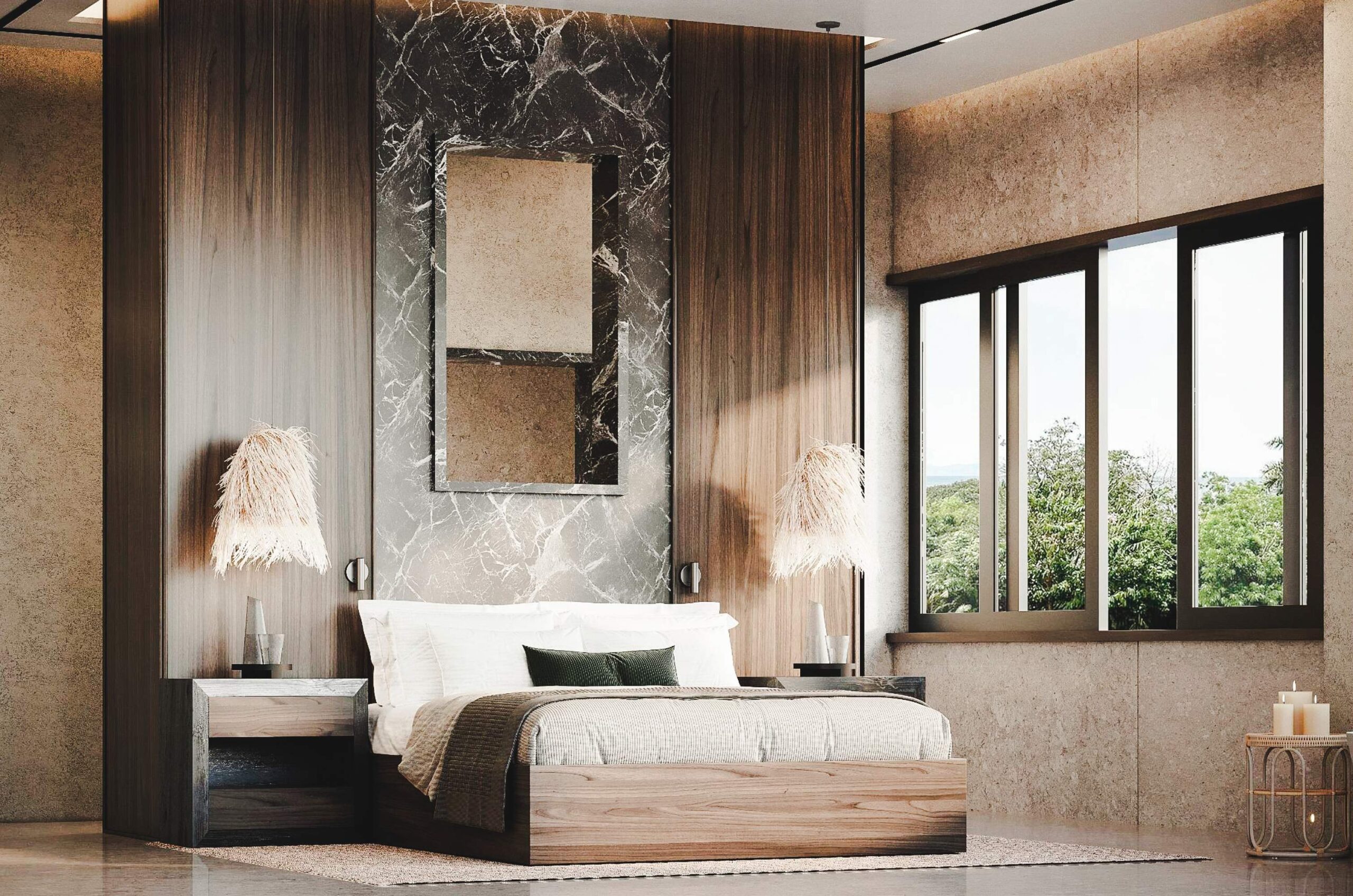Bedroom of villa with view from window