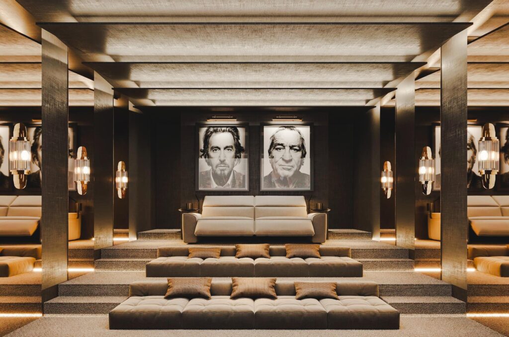 cinema with sofas and pictures on the wall