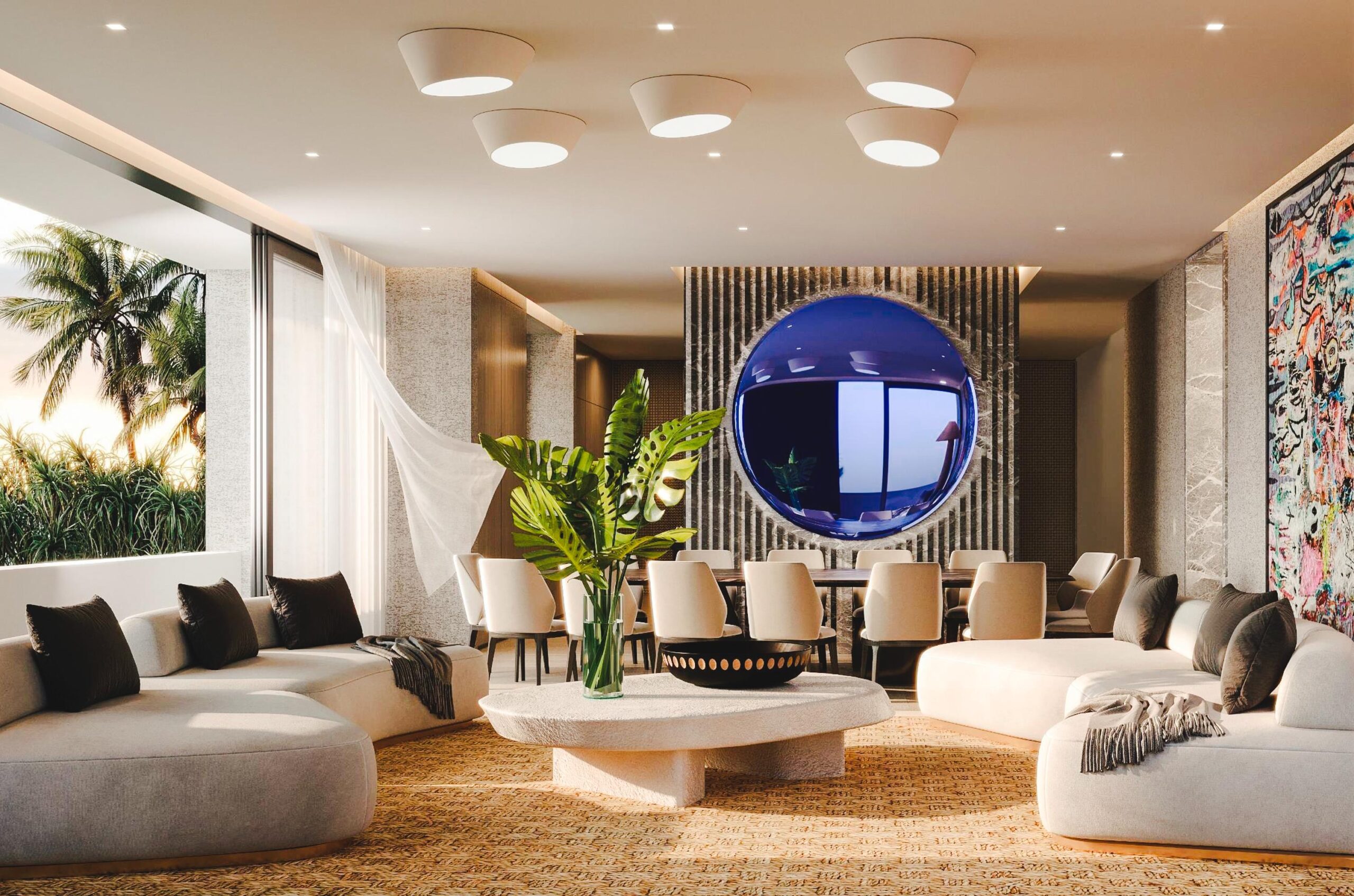 Living room area with blue mirror