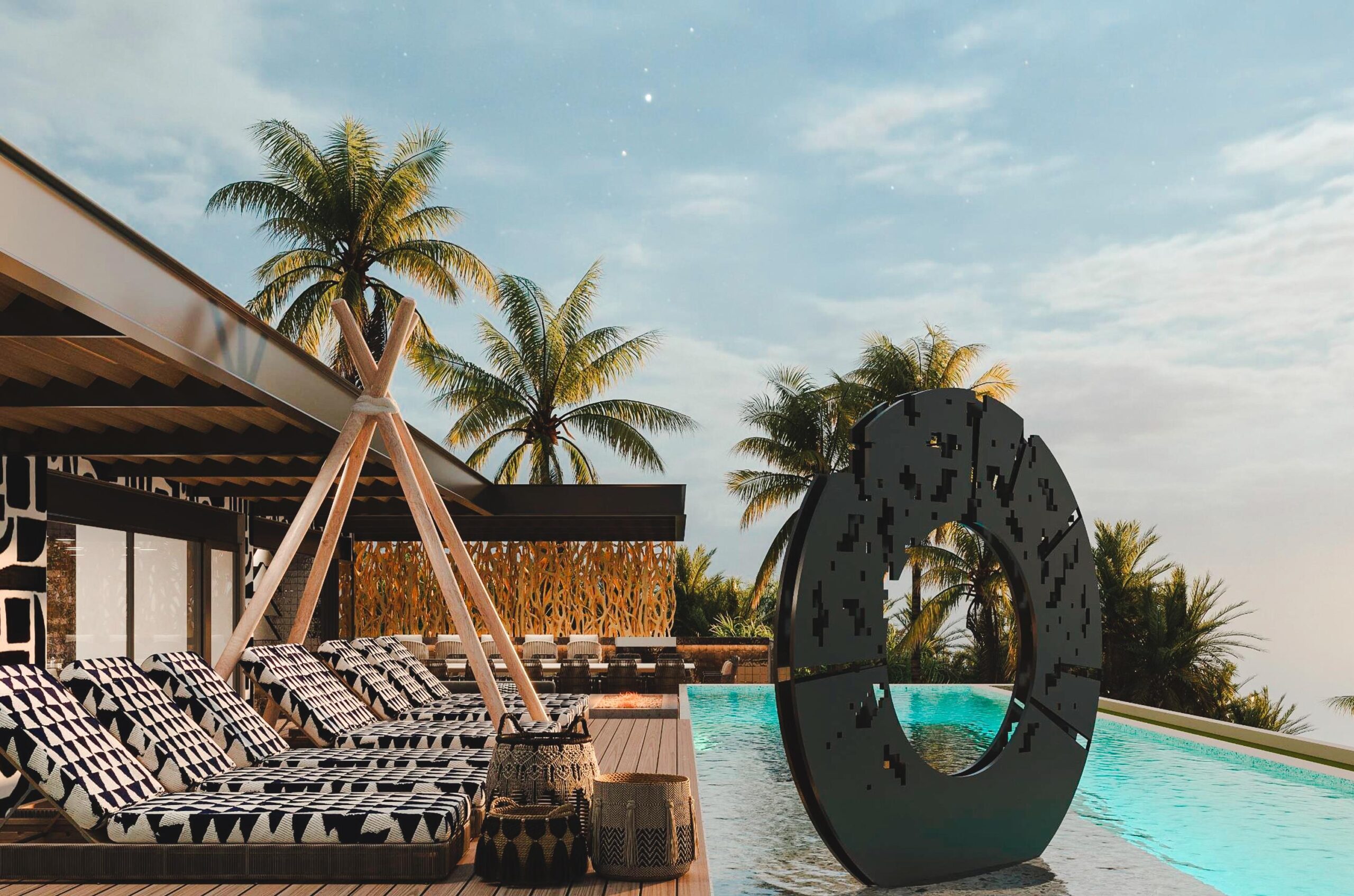 view of pool with The One Punta Mita Logo
